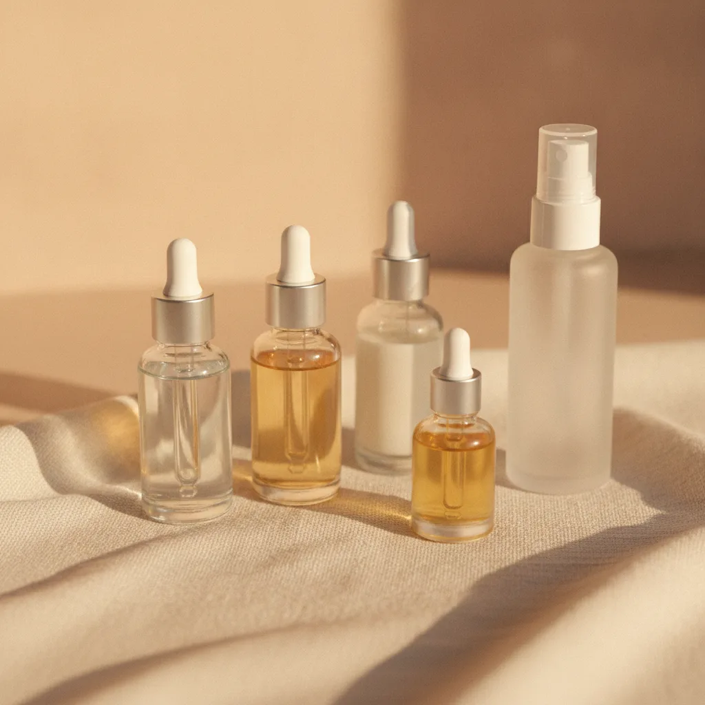 Skincare products arranged on linen